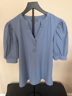 June & Hudson Dusty Blue Puff-Sleeve Henley Top